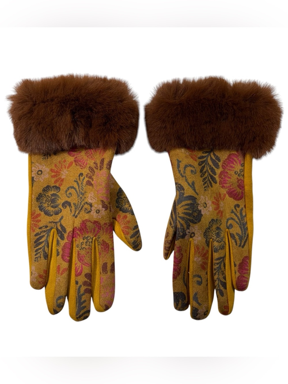 Powder UK Bernadette Fur Cuff Mustard Floral Suede Gloves Art Deco Eccentricity